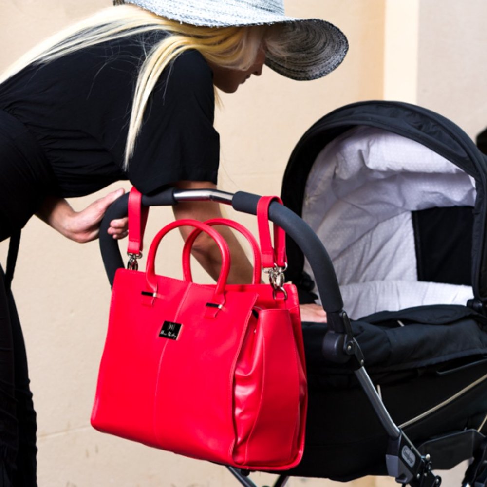 Red Leather Diaper Bag for Baby with Removable Inner to convert to Fashion Bag